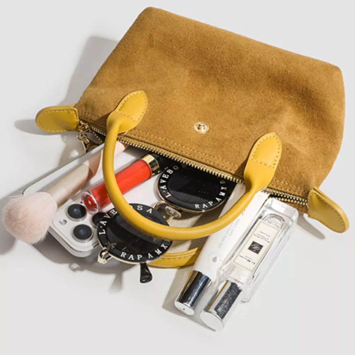 Two-Tone Suede Crossbody Bag with Top Handles