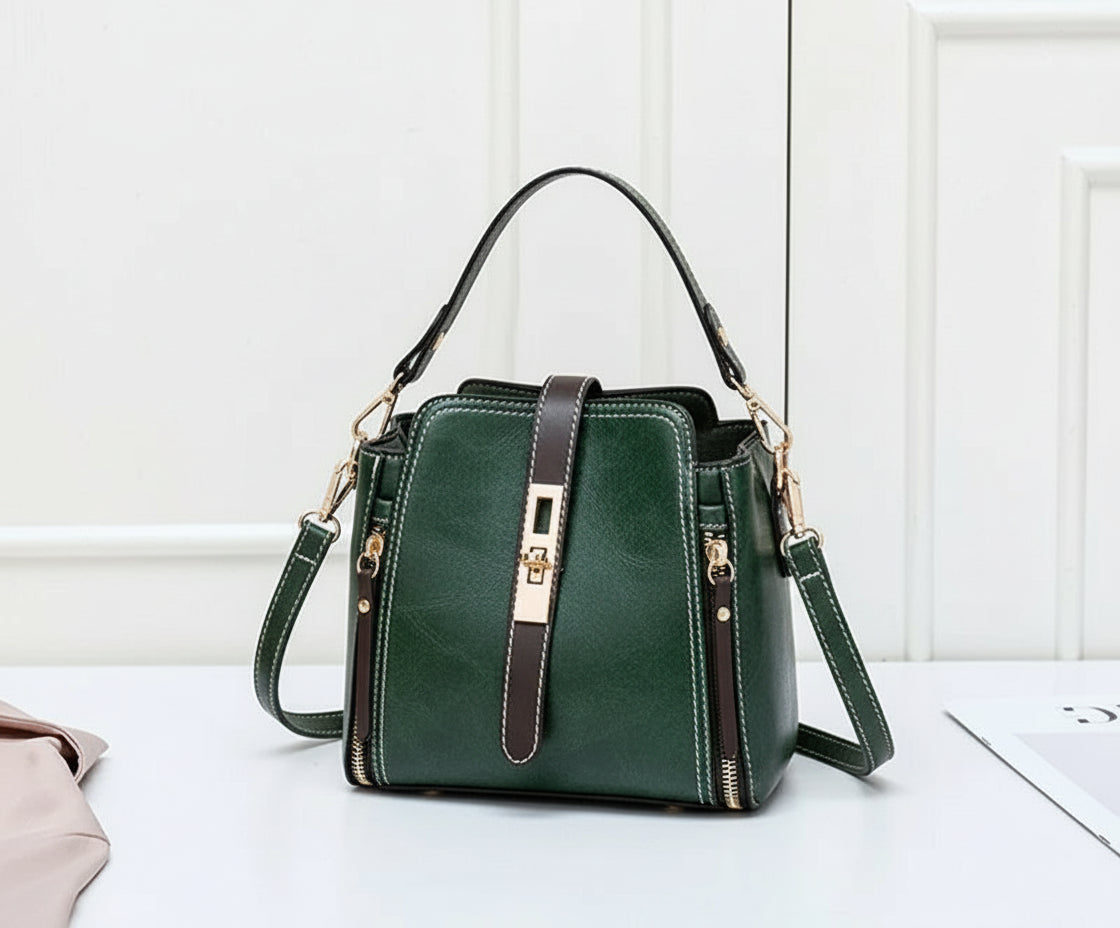 Vegan Leather Bucket Shoulder Crossbody Zipper Bag