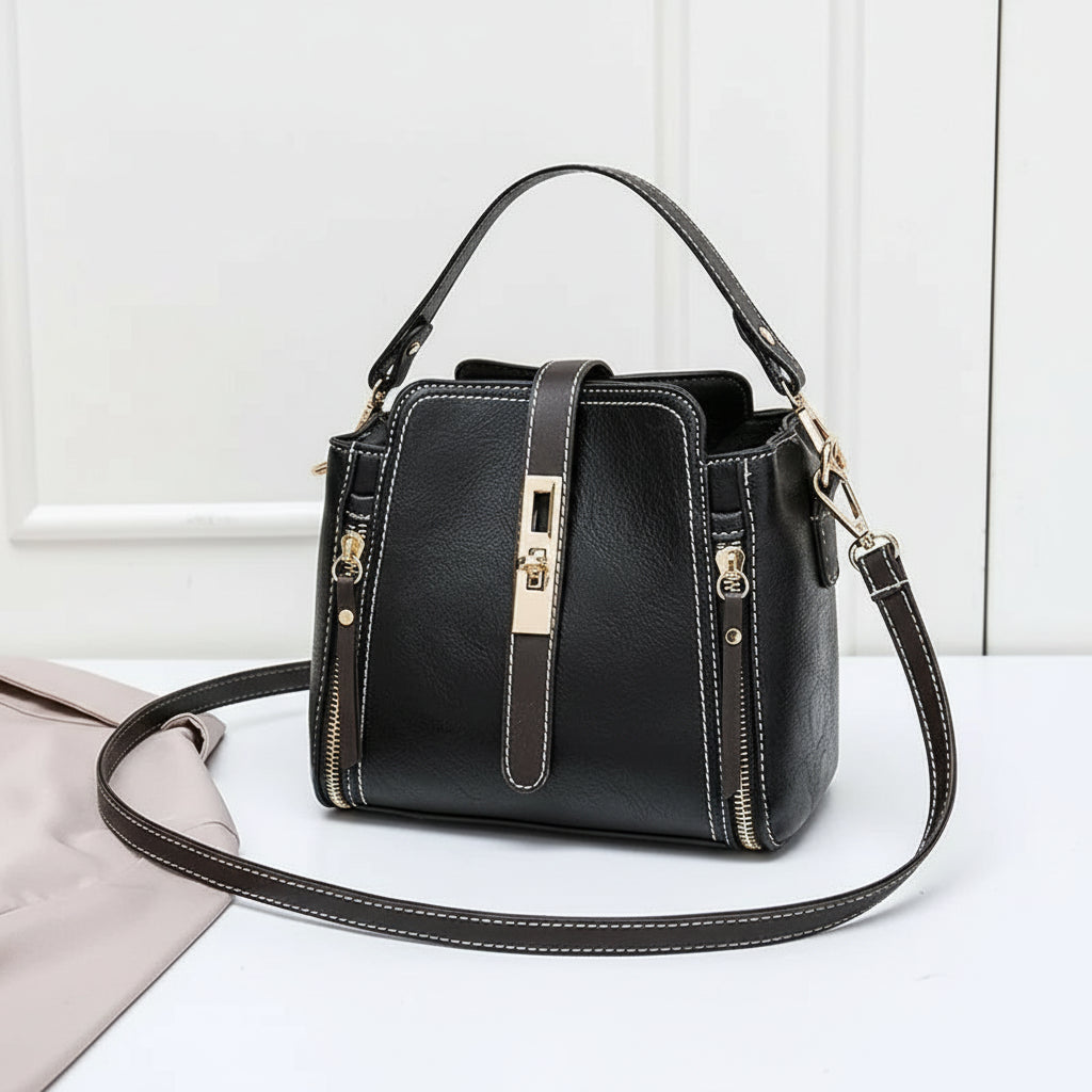 Vegan Leather Bucket Shoulder Crossbody Zipper Bag