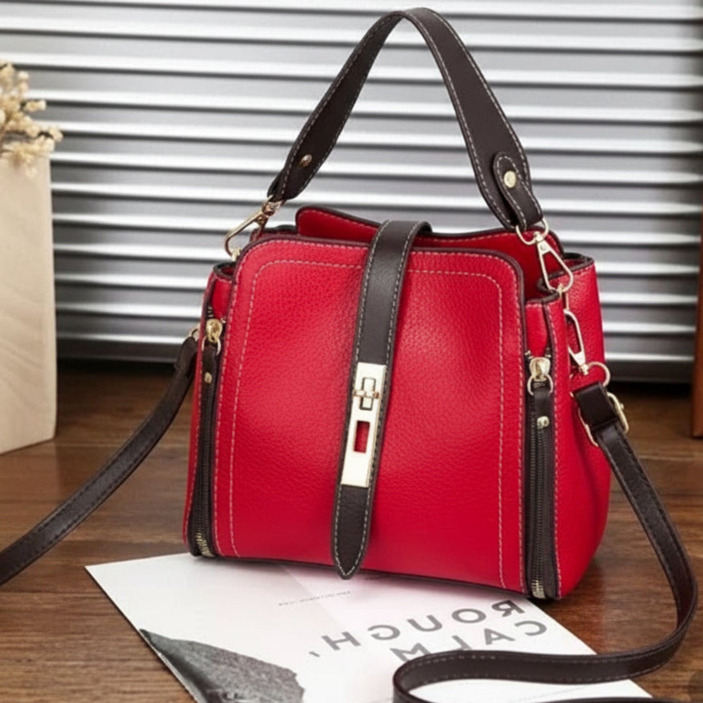 Vegan Leather Bucket Shoulder Crossbody Zipper Bag