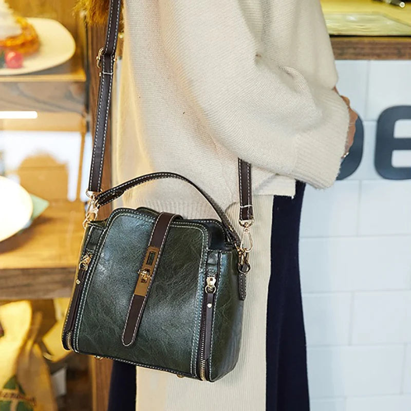 Vegan Leather Bucket Shoulder Crossbody Zipper Bag