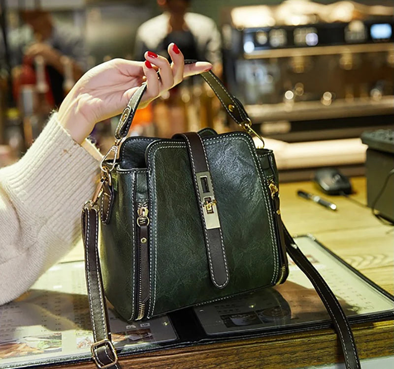 Vegan Leather Bucket Shoulder Crossbody Zipper Bag