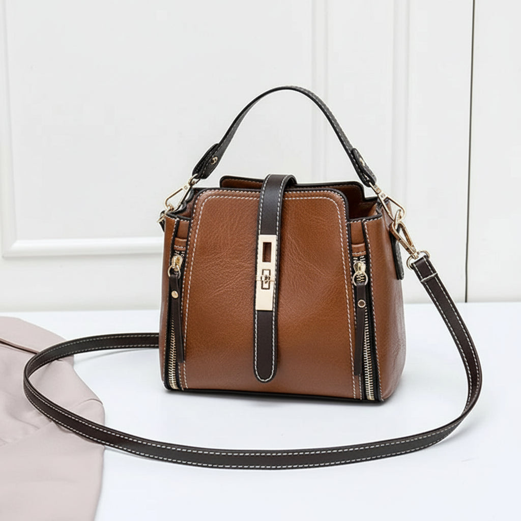 Vegan Leather Bucket Shoulder Crossbody Zipper Bag