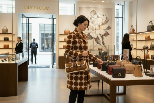 Woman shopping in a Lily Bloom store with handbags displayed on tables.