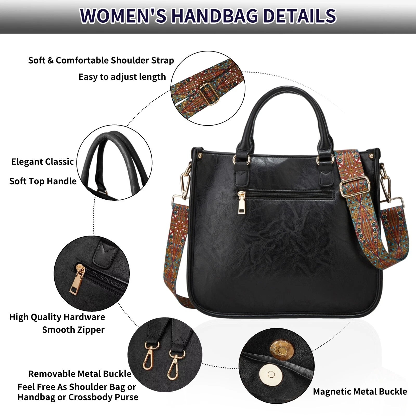 Wide Shoulder Straps, Cute Vegan Leather Handbag Purse