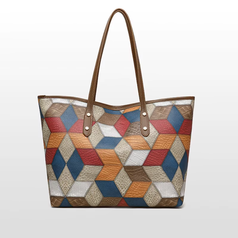Woman's Large Capacity Handbag Vegan Leather Patchwork Tote Purse