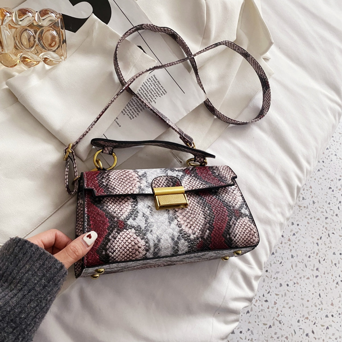 Vegan Leather Snakeskin Print Crossbody Bag