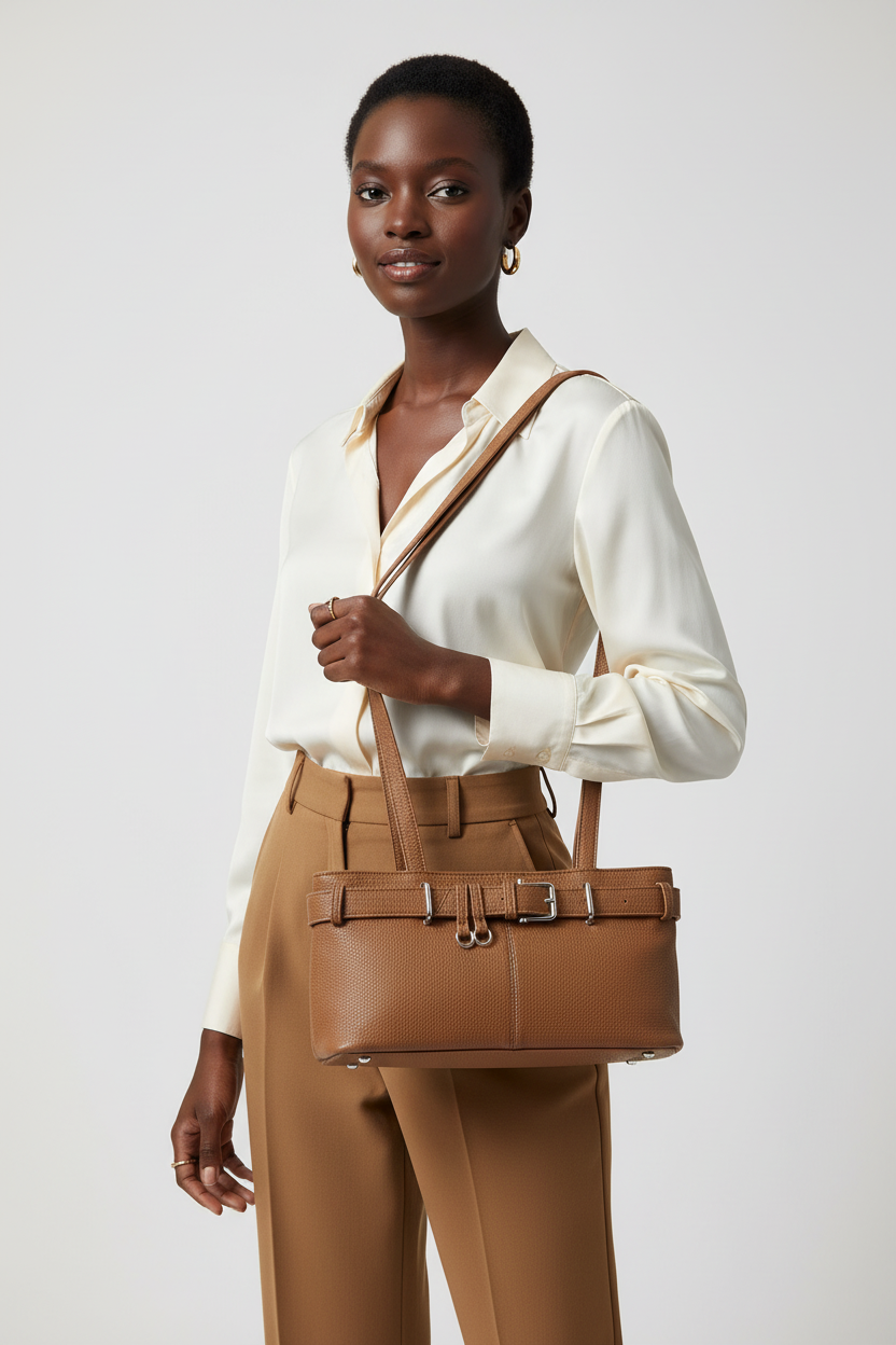 Belt Strap Textured Vegan Leather Shoulder Bag - Lily Bloom