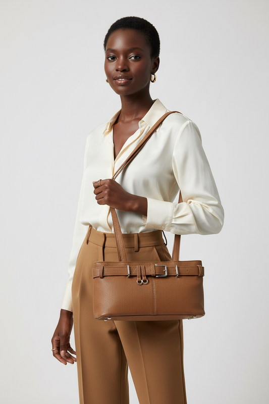 Belt Strap Textured Vegan Leather Shoulder Bag - Lily Bloom