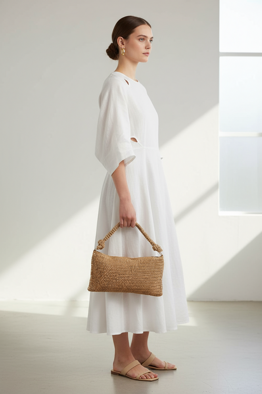 Braided Handle Rectangular Straw Hand Bag - Lily Bloom