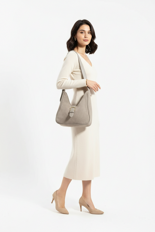 Buckle Accent Vegan Suede Hand Bag - Lily Bloom