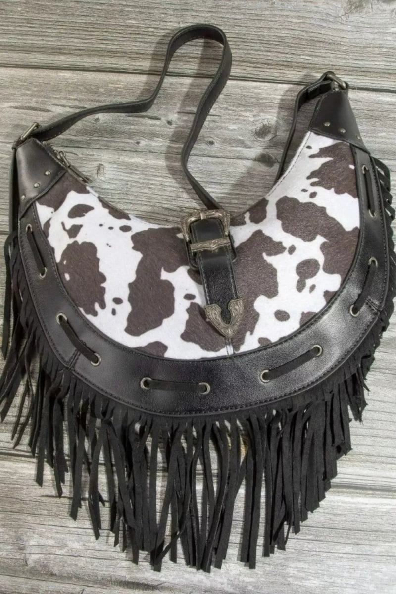 Cow Print Faux Leather Fringe Hobo Bag - Lily Bloom