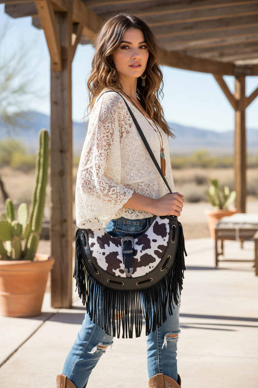 Cow Print Faux Leather Fringe Hobo Bag - Lily Bloom