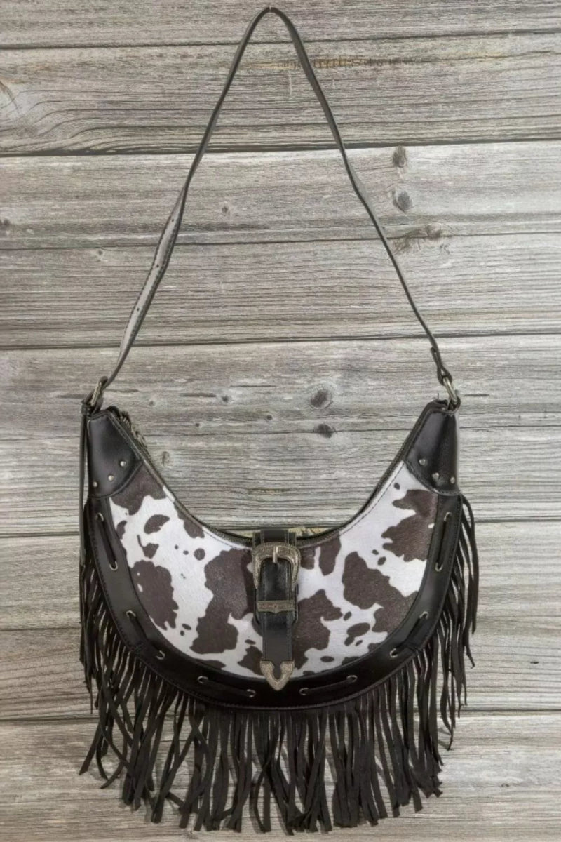 Cow Print Faux Leather Fringe Hobo Bag - Lily Bloom