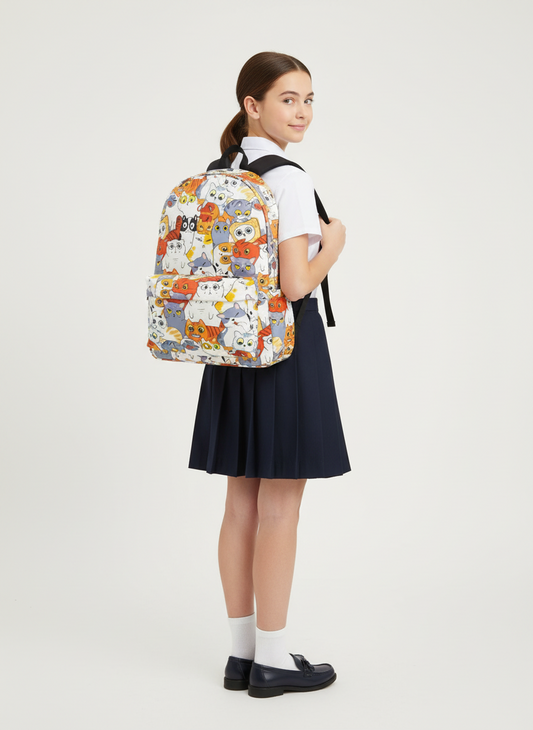 Person wearing a colorful backpack.