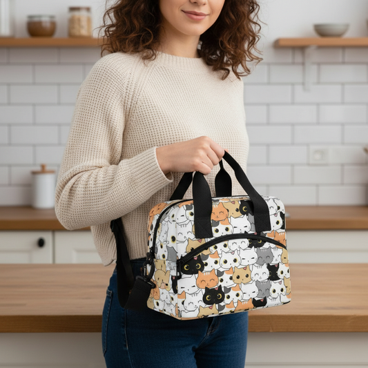 Woman holding a patterned lunch bag