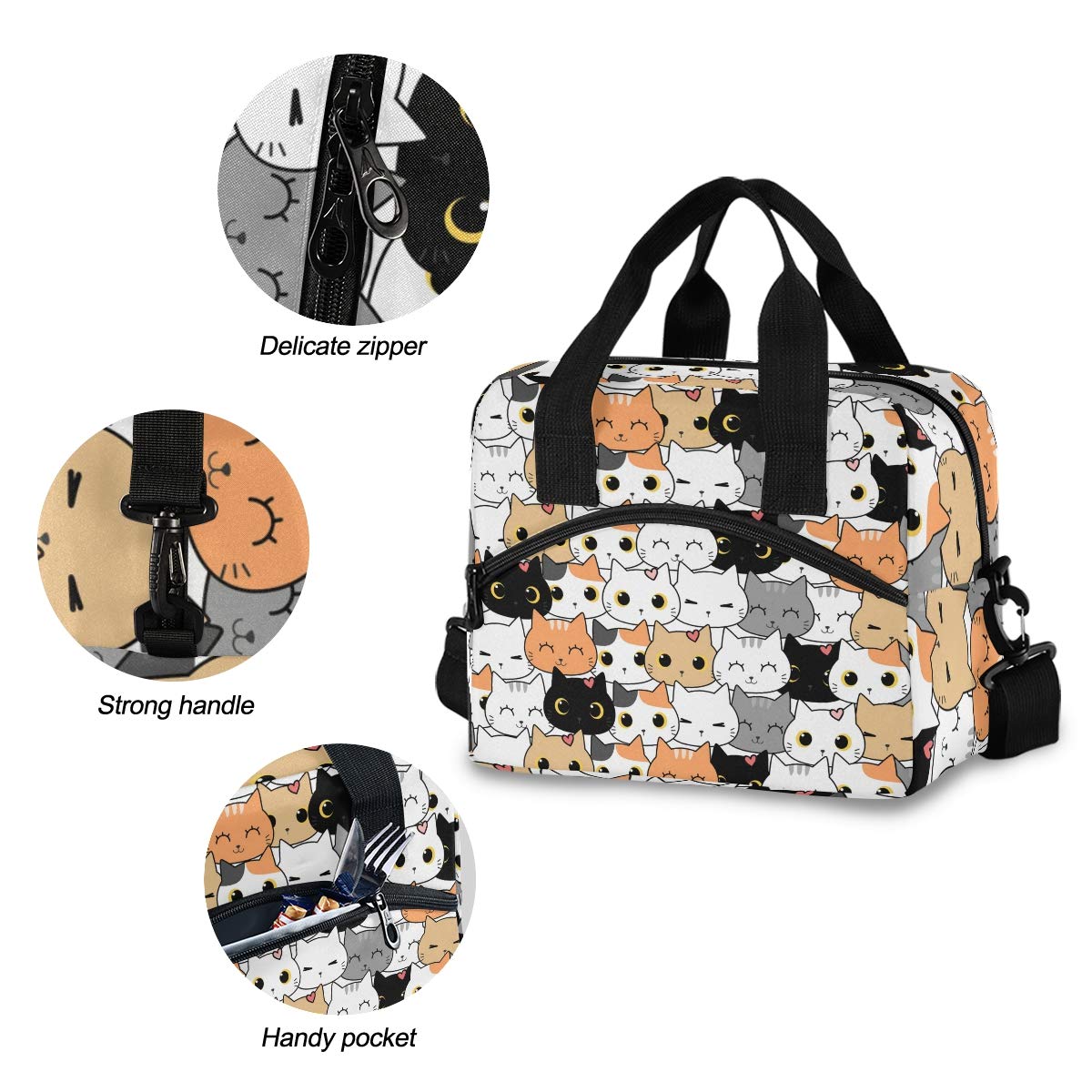 Cute Cats Insulated Lunch Bag Adjustable Shoulder Strap - Lily Bloom