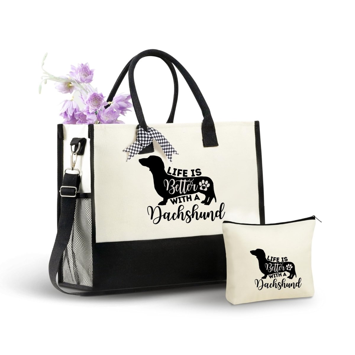 Dachshund Canvas Tote Bag with Top Zipper Closure and Shoulder Strap - Lily Bloom