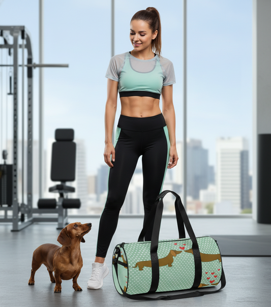 Woman in athletic wear with a dachshund duffel bag
