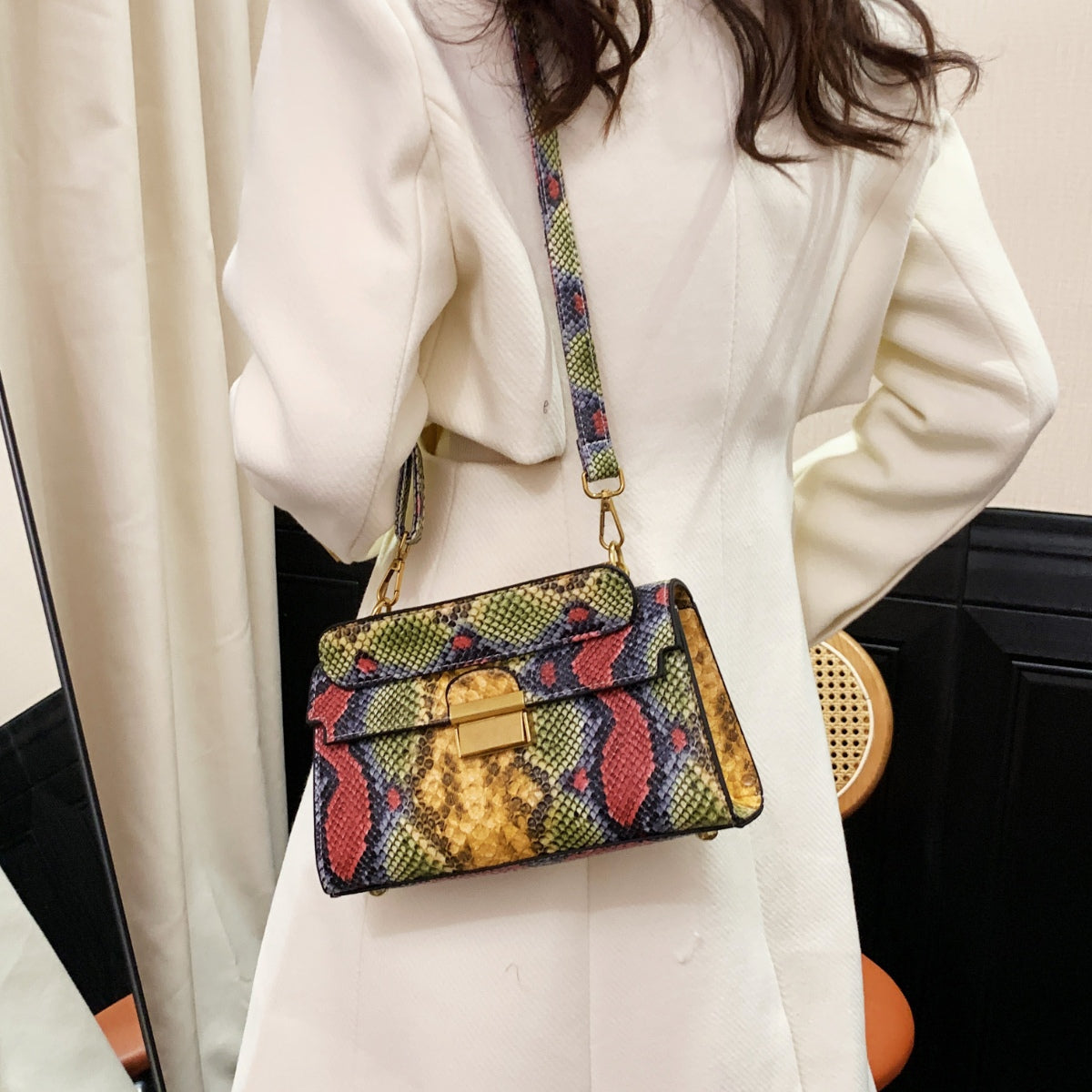 Vegan Leather Snakeskin Print Crossbody Bag