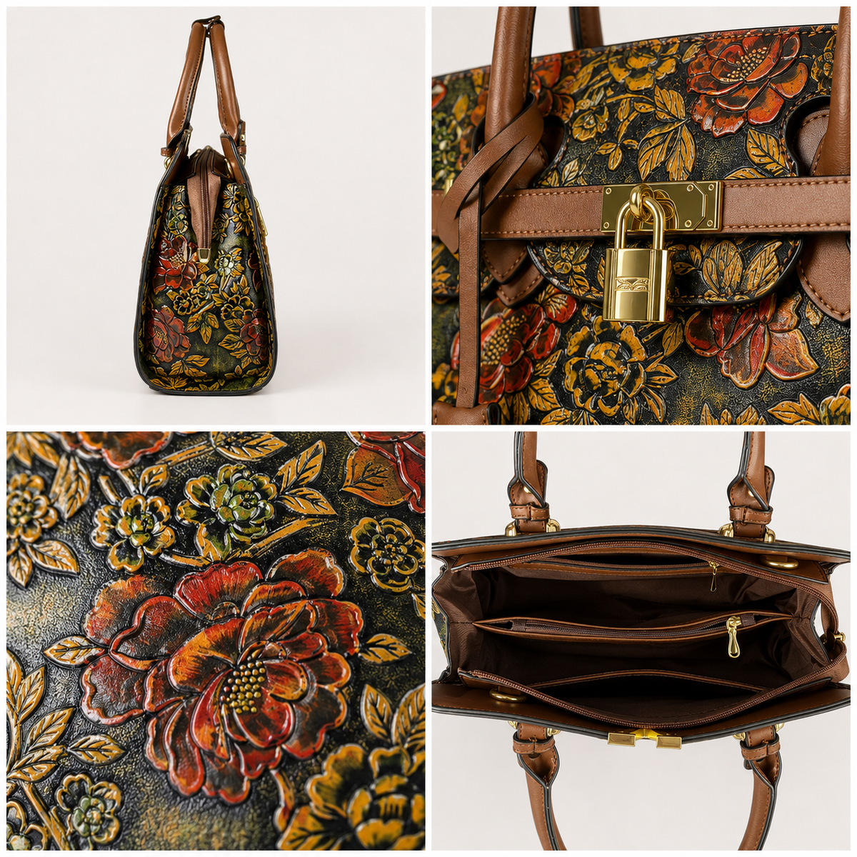 Floral vegan leather handbag details with gold hardware zipper and brown handles