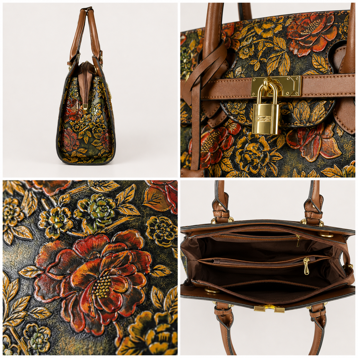 Floral vegan leather handbag details with gold hardware zipper and brown handles
