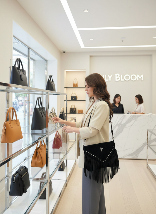 Woman shopping for handbags in a store with 'Bloom' branding.