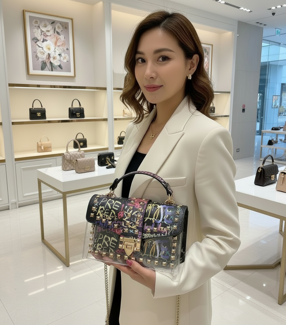 Woman holding a colorful handbag in a high-end Lily Bloom store setting