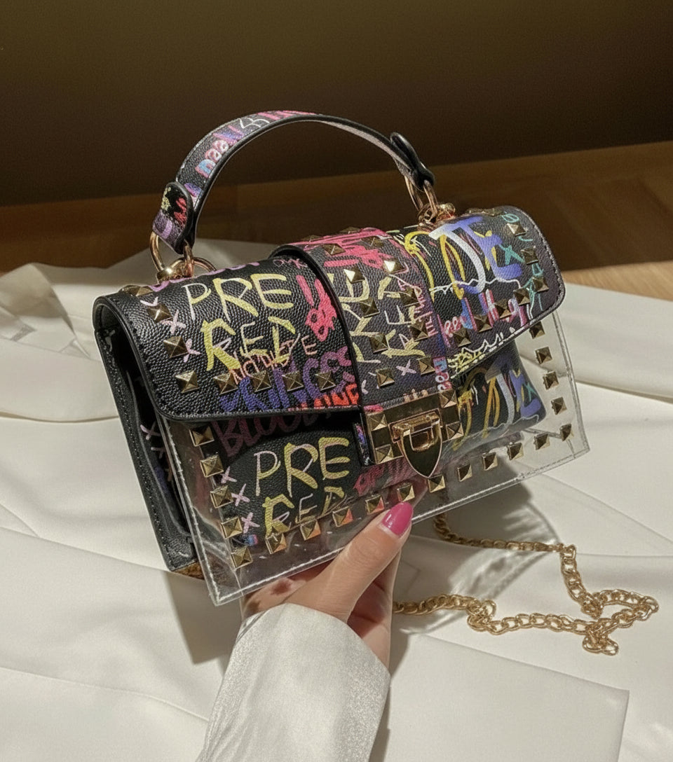 Graffiti Decor Flap Square Bag - Lily Bloom