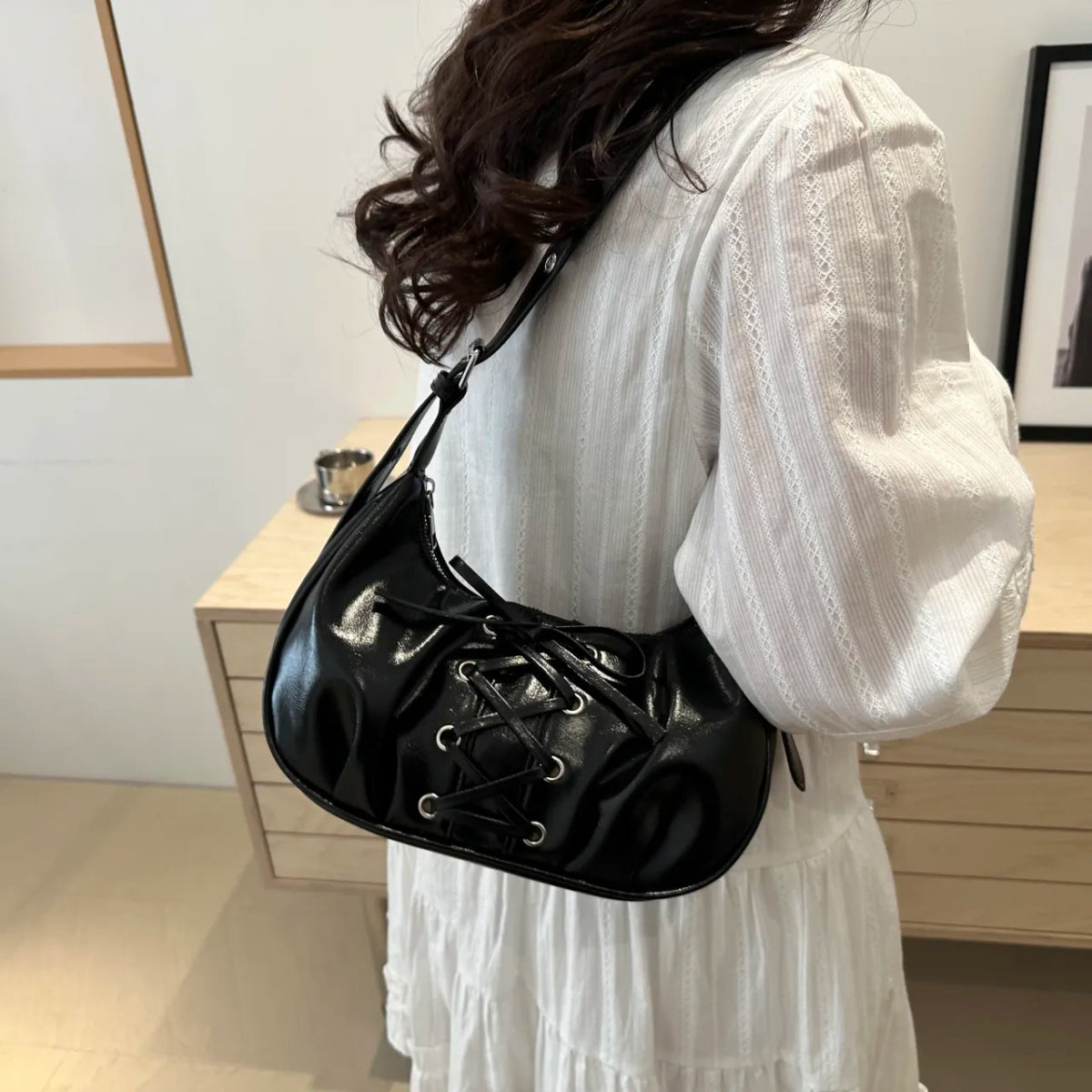 Leather Lace - Up Detail Shoulder Bag - Lily Bloom