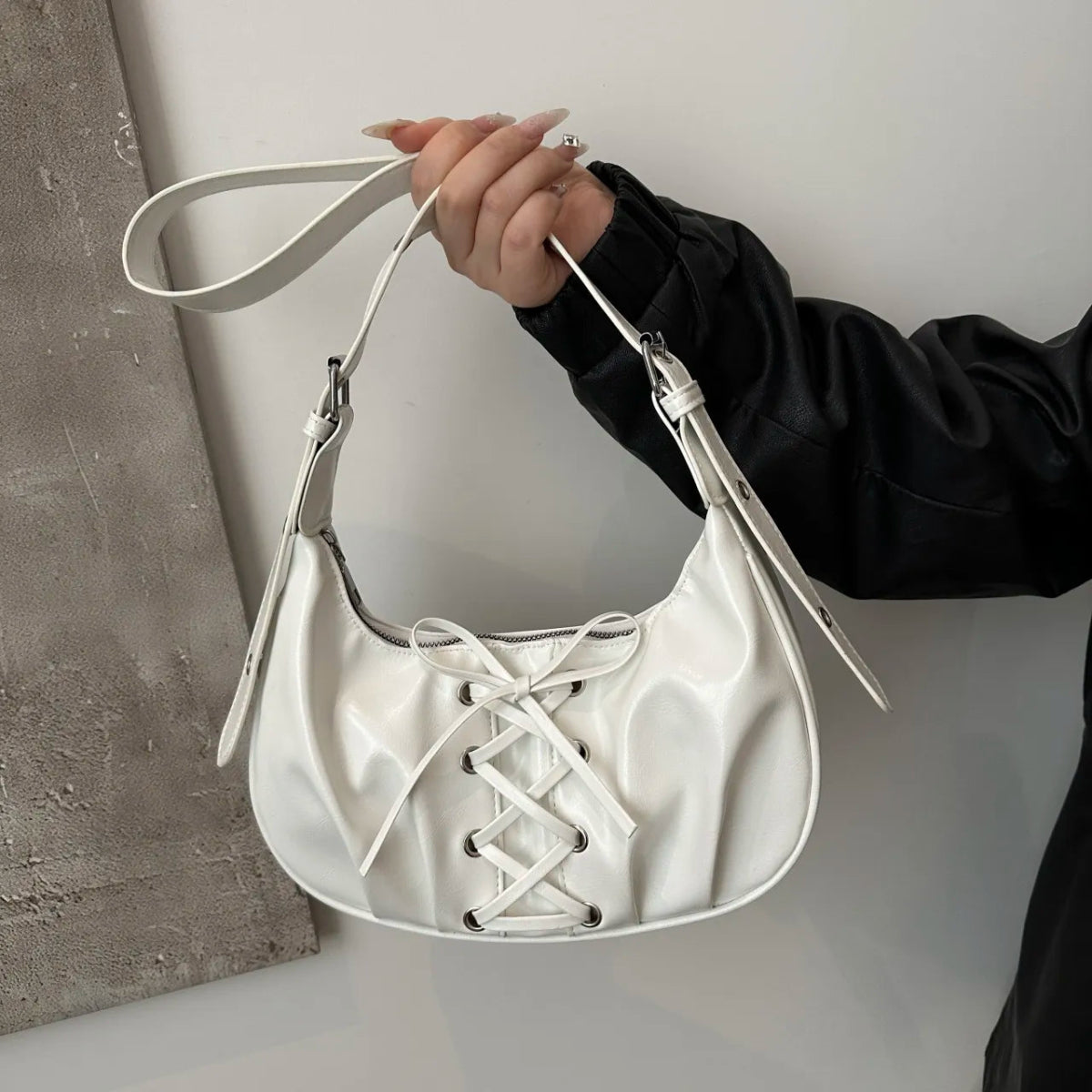 Leather Lace - Up Detail Shoulder Bag - Lily Bloom