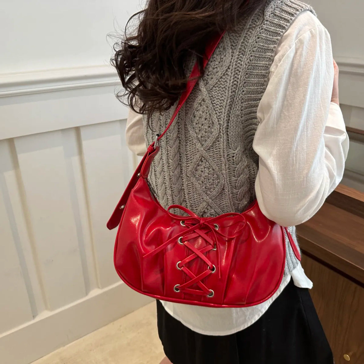 Leather Lace - Up Detail Shoulder Bag - Lily Bloom