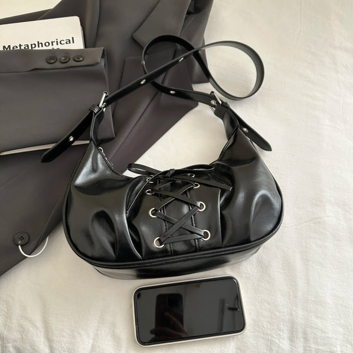 Leather Lace - Up Detail Shoulder Bag - Lily Bloom