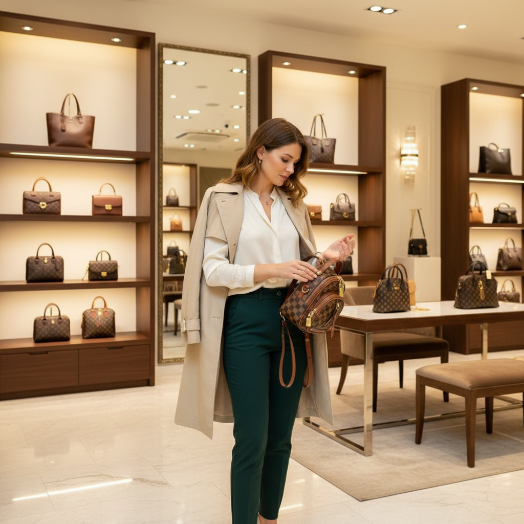 A Woman in a Lily Bloom store looking at handbags with shelves