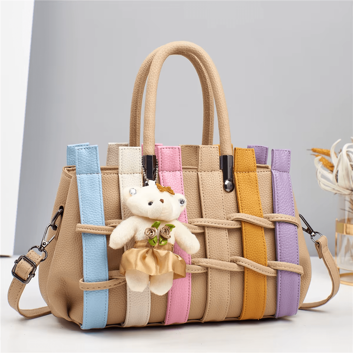 Luxury Patchwork Cute Bear Leather Shoulder Handbag - Lily Bloom