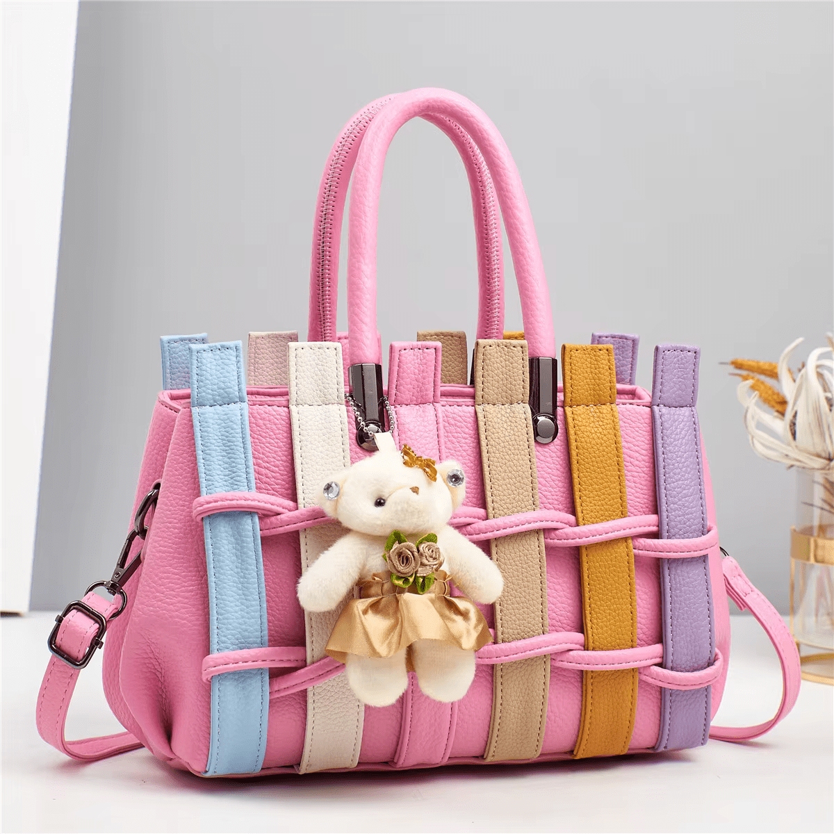 Luxury Patchwork Cute Bear Leather Shoulder Handbag - Lily Bloom