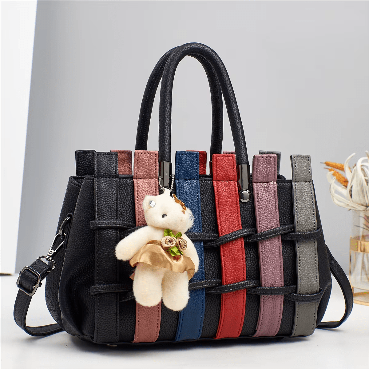 Luxury Patchwork Cute Bear Leather Shoulder Handbag - Lily Bloom