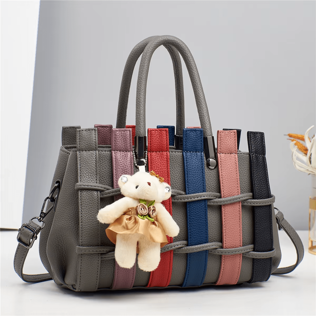 Luxury Patchwork Cute Bear Leather Shoulder Handbag - Lily Bloom
