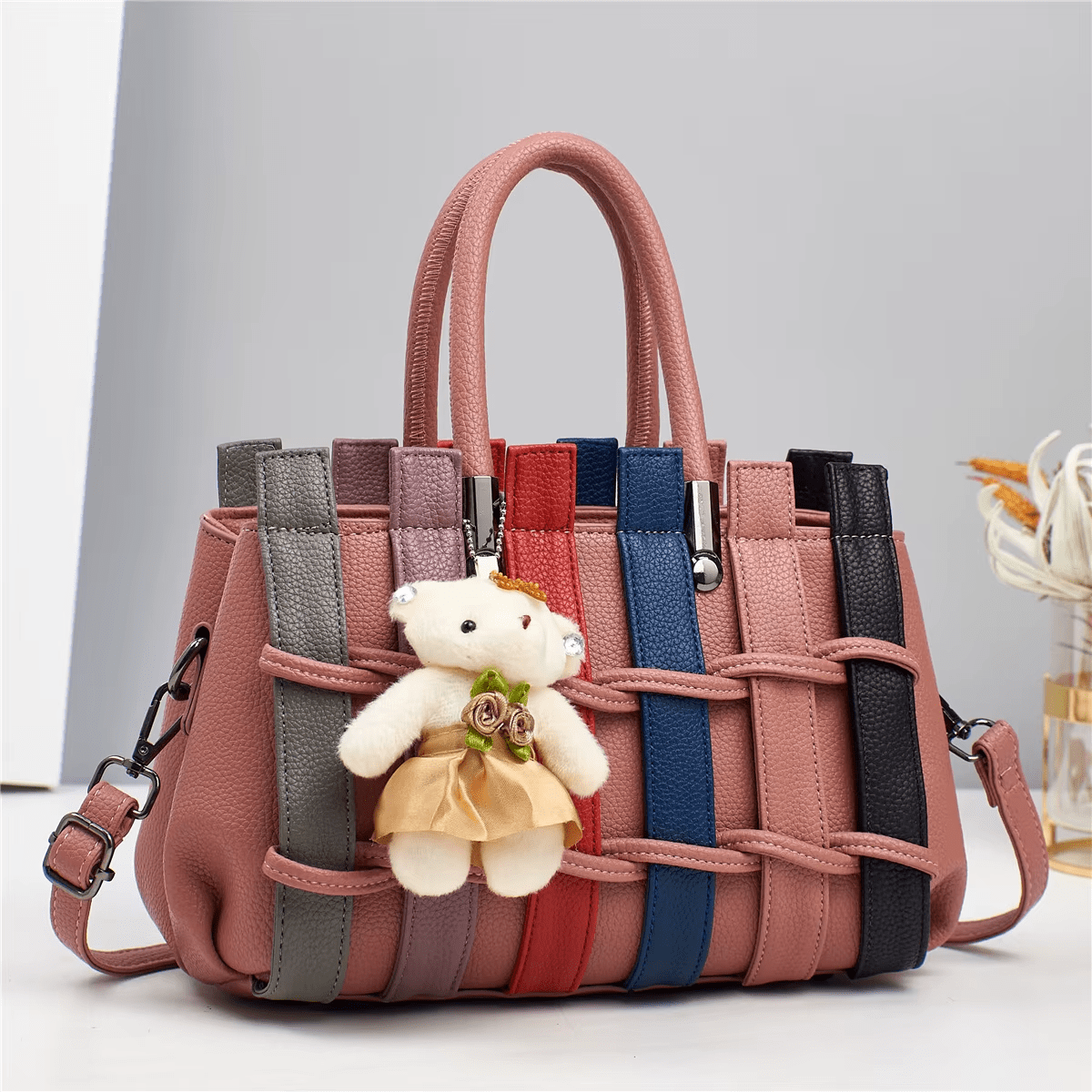 Luxury Patchwork Cute Bear Leather Shoulder Handbag - Lily Bloom