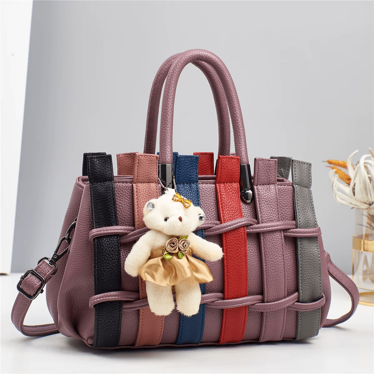 Luxury Patchwork Cute Bear Leather Shoulder Handbag - Lily Bloom