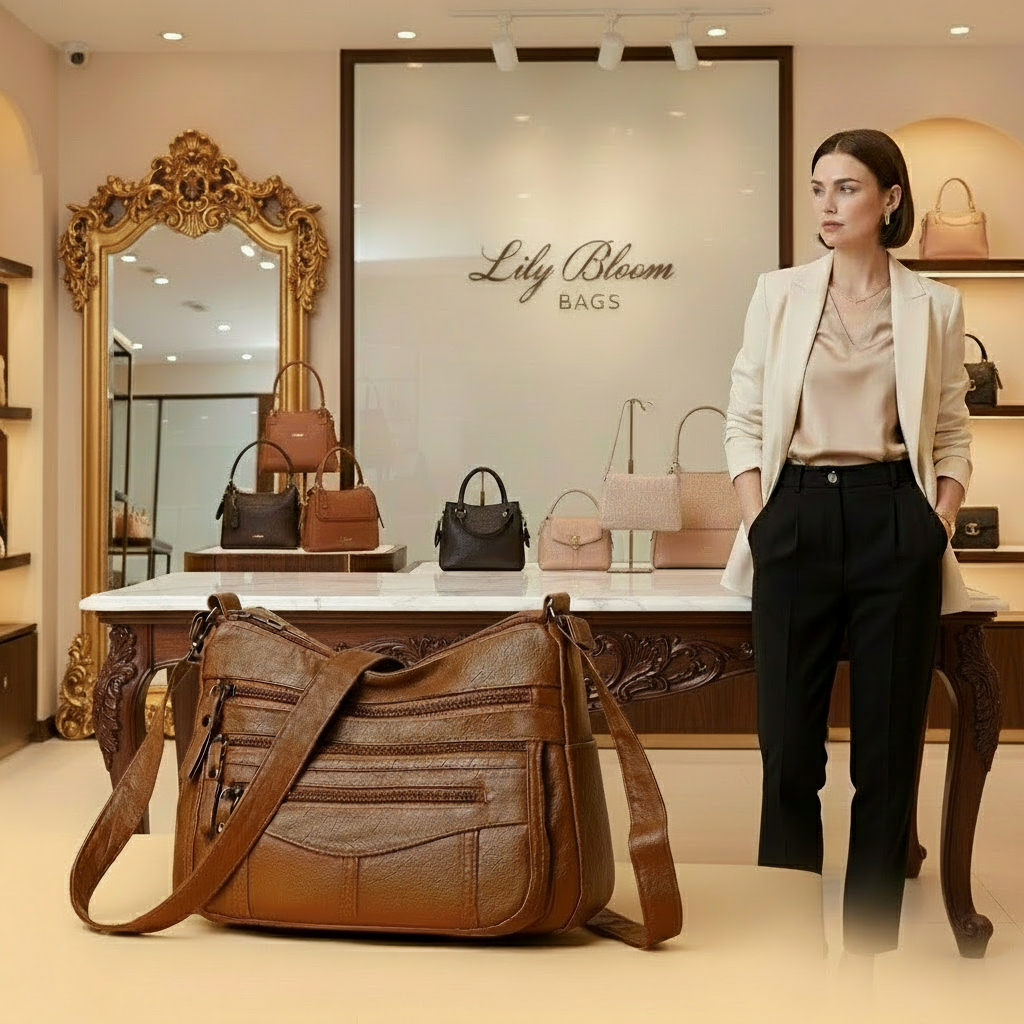 Woman standing in a store with 'Lily Bloom Bags' displayed on the wall, holding a brown leather bag.