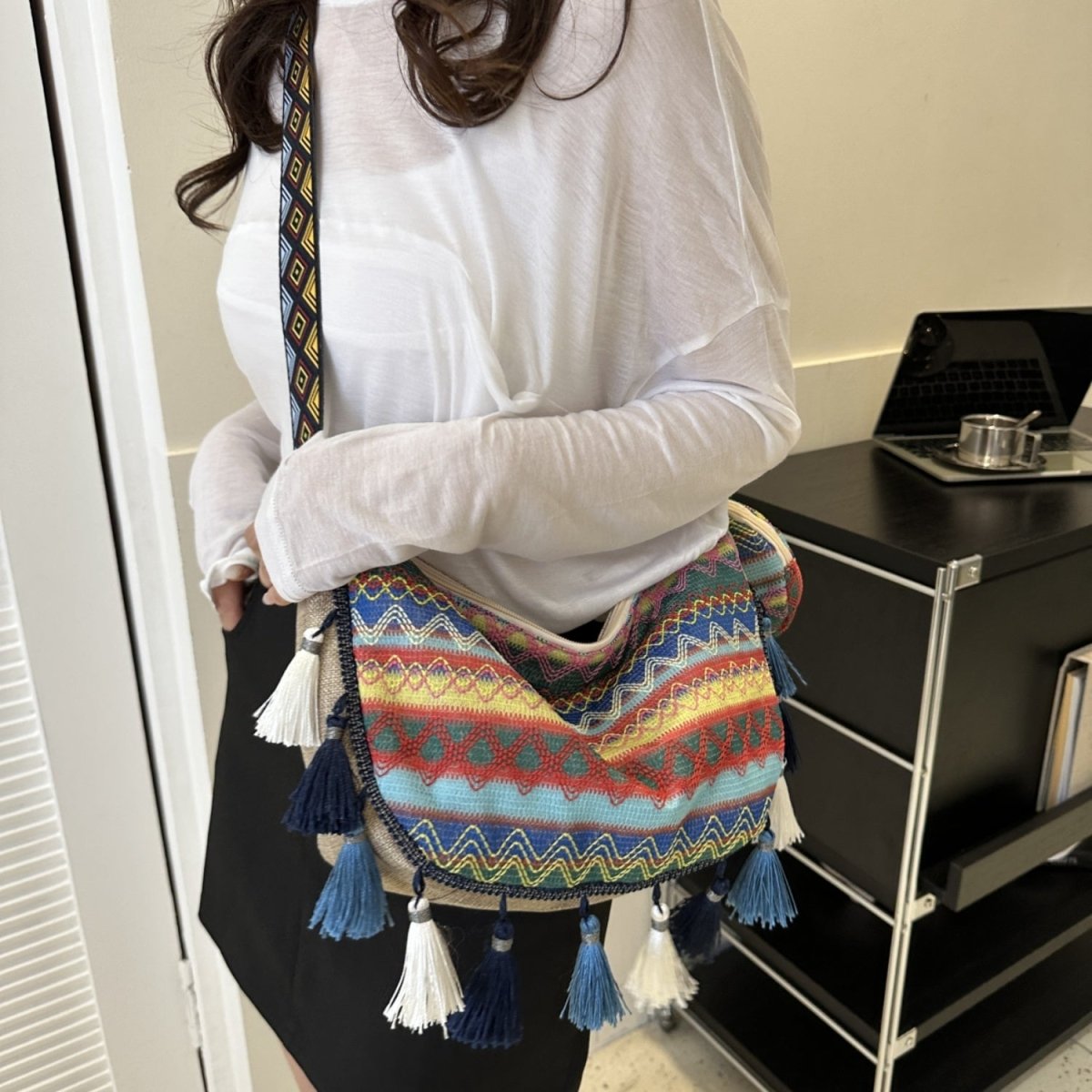 Printed Tassel Detail Crossbody Bag with Small Purse - Lily Bloom