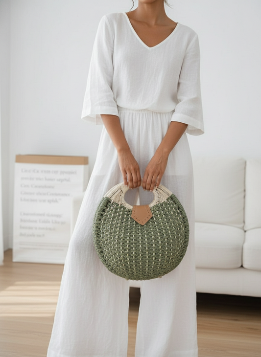 Straw Braided Top Round Handle Handbag - Lily Bloom
