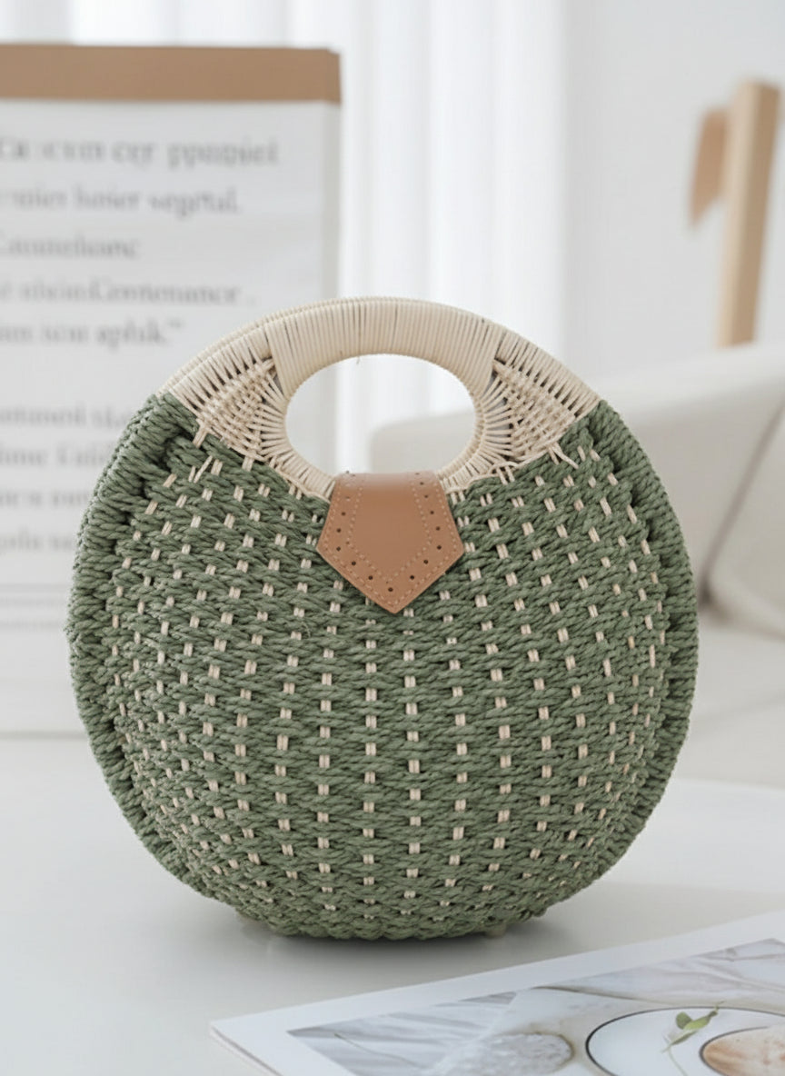 Straw Braided Top Round Handle Handbag - Lily Bloom
