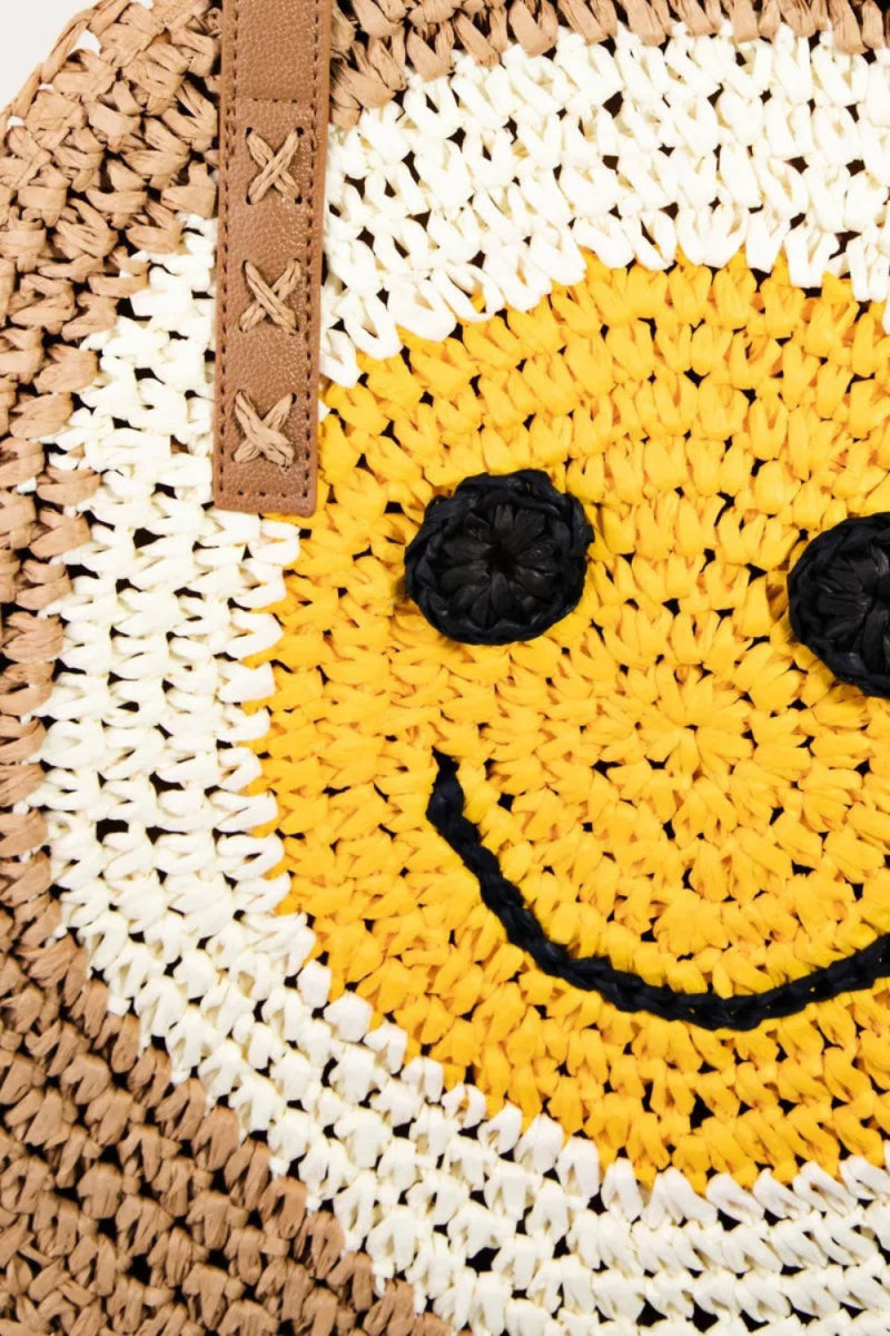 Straw Braided Round Happy Face Tote Bag - Lily Bloom