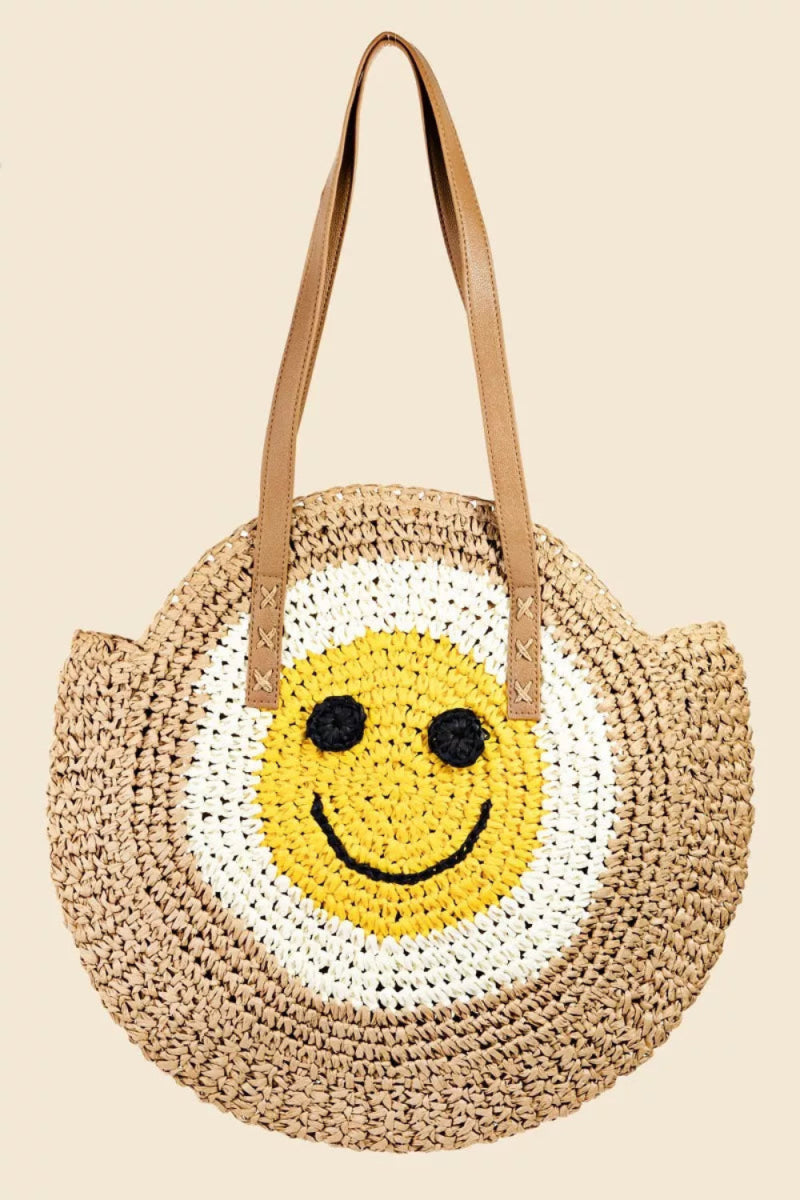 Straw Braided Round Happy Face Tote Bag - Lily Bloom
