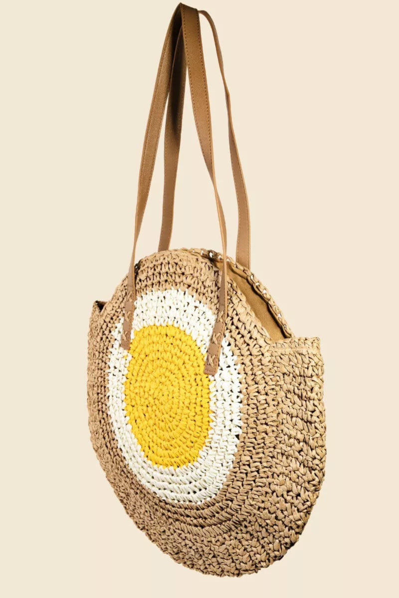 Straw Braided Round Happy Face Tote Bag - Lily Bloom