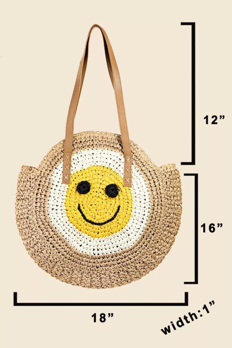 Straw Braided Round Happy Face Tote Bag - Lily Bloom