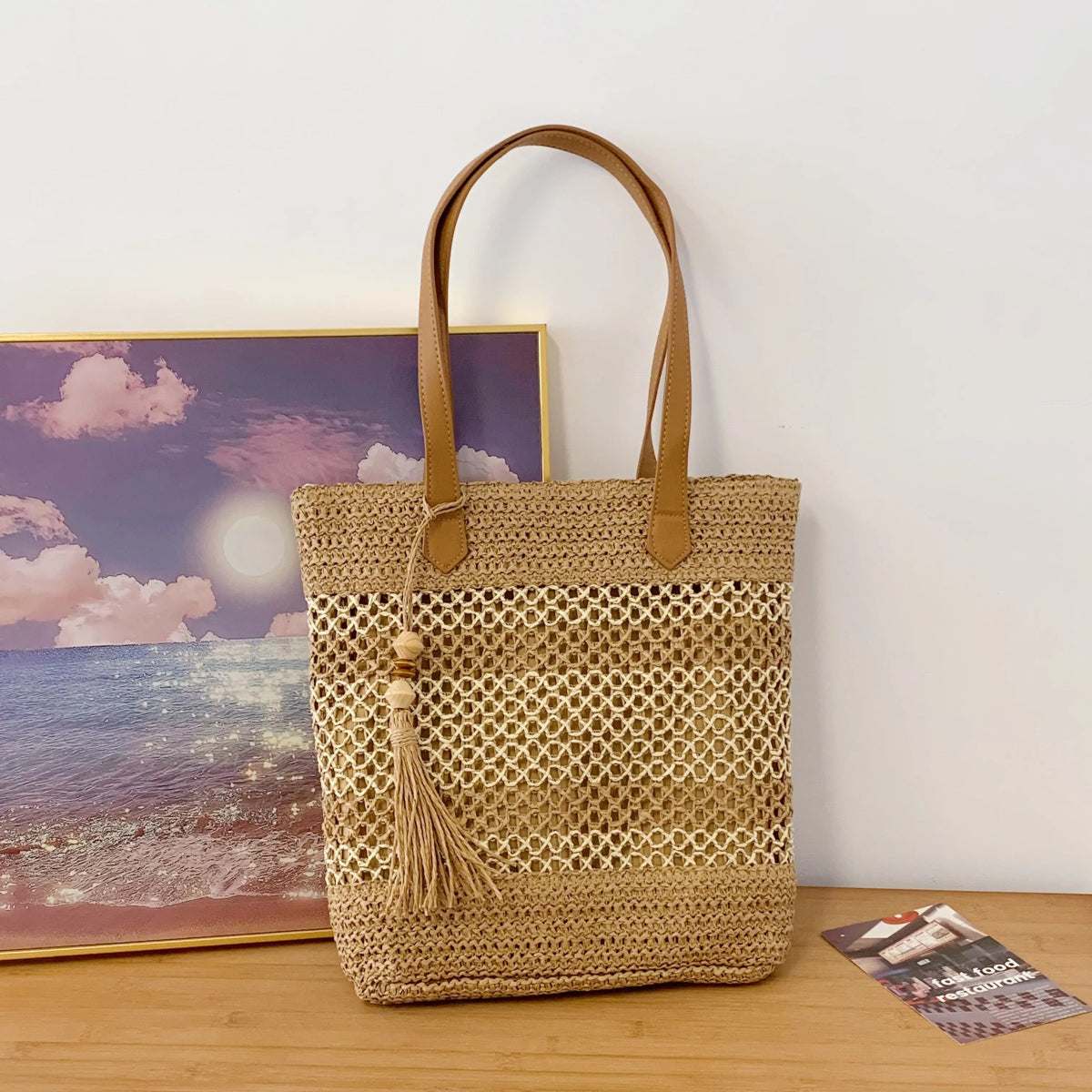 Straw Woven Shoulder Bag with Tassels - Lily Bloom