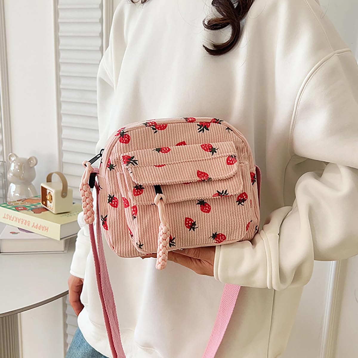 Strawberry Bag Corduroy Tote Bag Cute Crossbody Bag - Lily Bloom